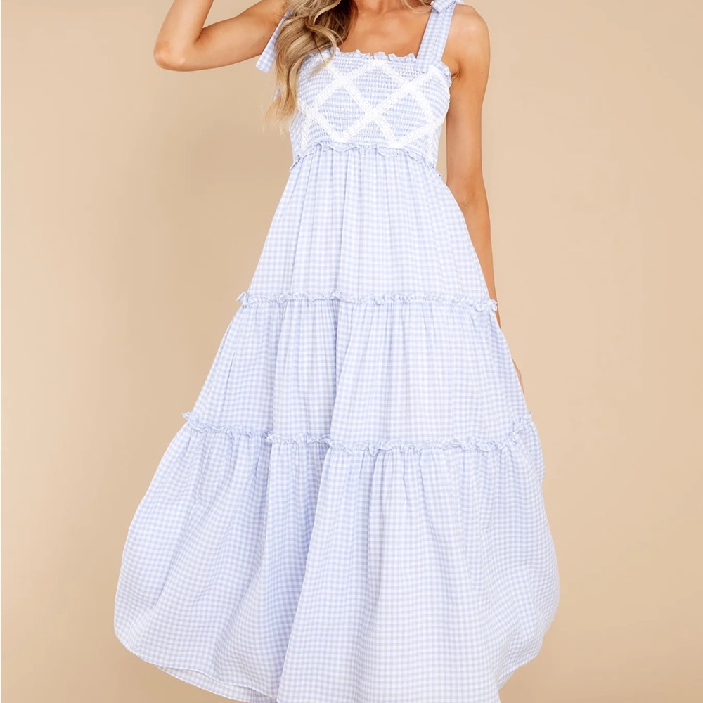 Light Blue Gingham Maxi Dress with tie shoulders by Red Dress
